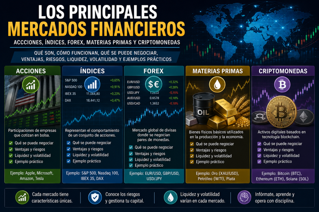 Principales mercados financieros: acciones, índices, Forex, materias primas y criptomonedas