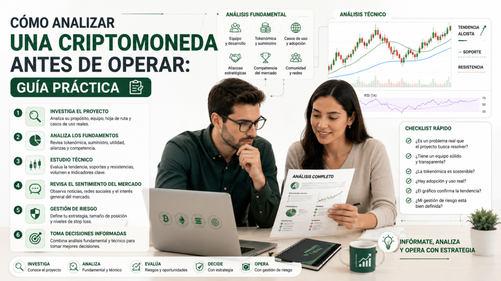 Cómo analizar una criptomoneda antes de operar con gráficos, volumen, tendencia y soportes