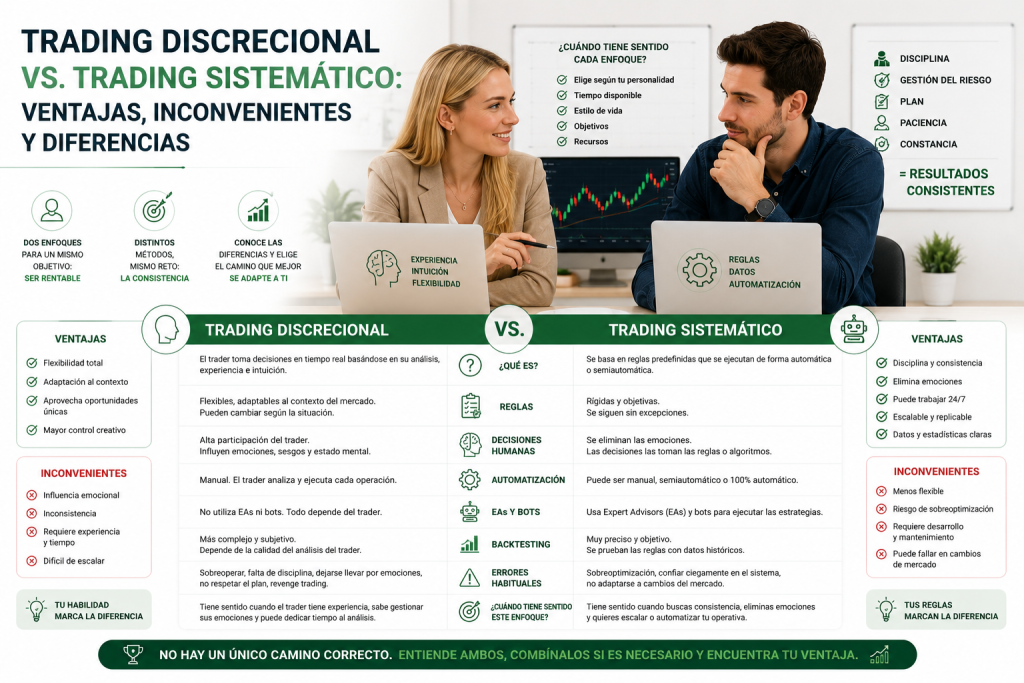 Trading discrecional vs trading sistemático con trader y sistema automatizado