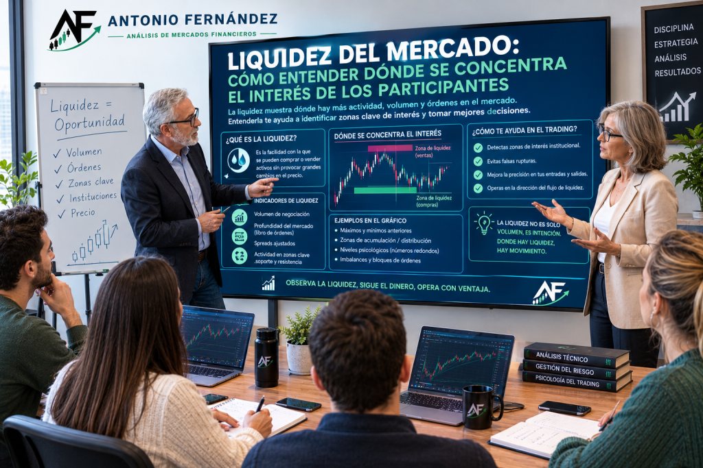 Trader analizando la liquidez del mercado mediante zonas de interés y gráficos de precios