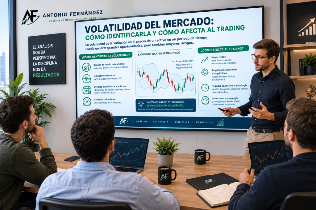 Trader analizando la volatilidad del mercado en gráficos de trading