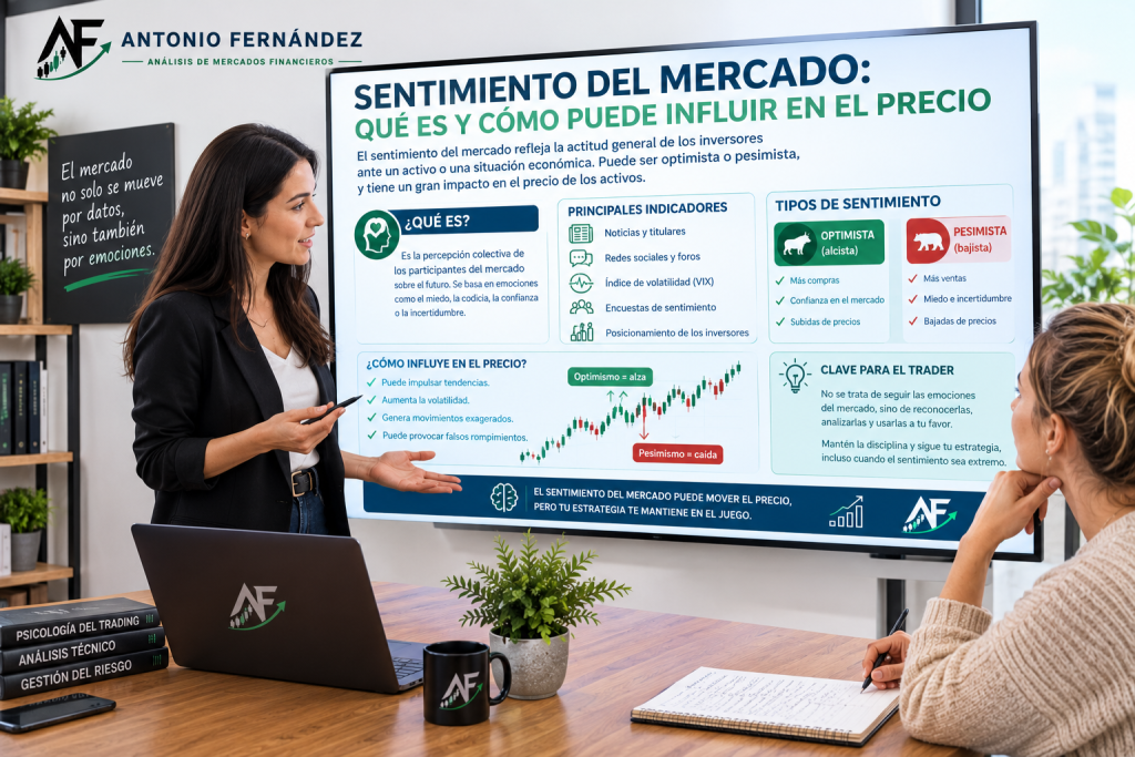 Trader analizando el sentimiento del mercado mediante gráficos financieros