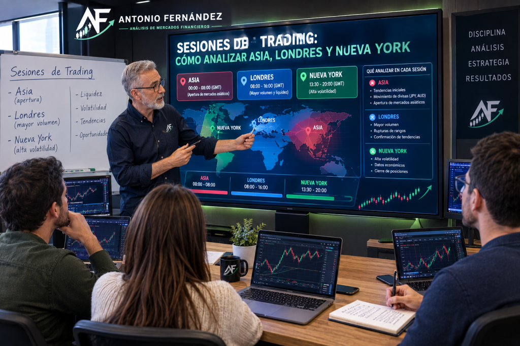 Trader analizando las sesiones de trading de Asia Londres y Nueva York