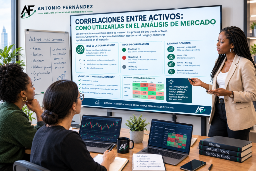 Trader analizando la correlación entre activos financieros mediante gráficos
